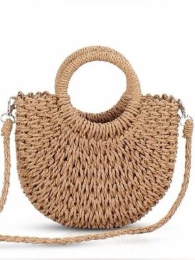 Woven Round Straw Tote Bag - Taupe